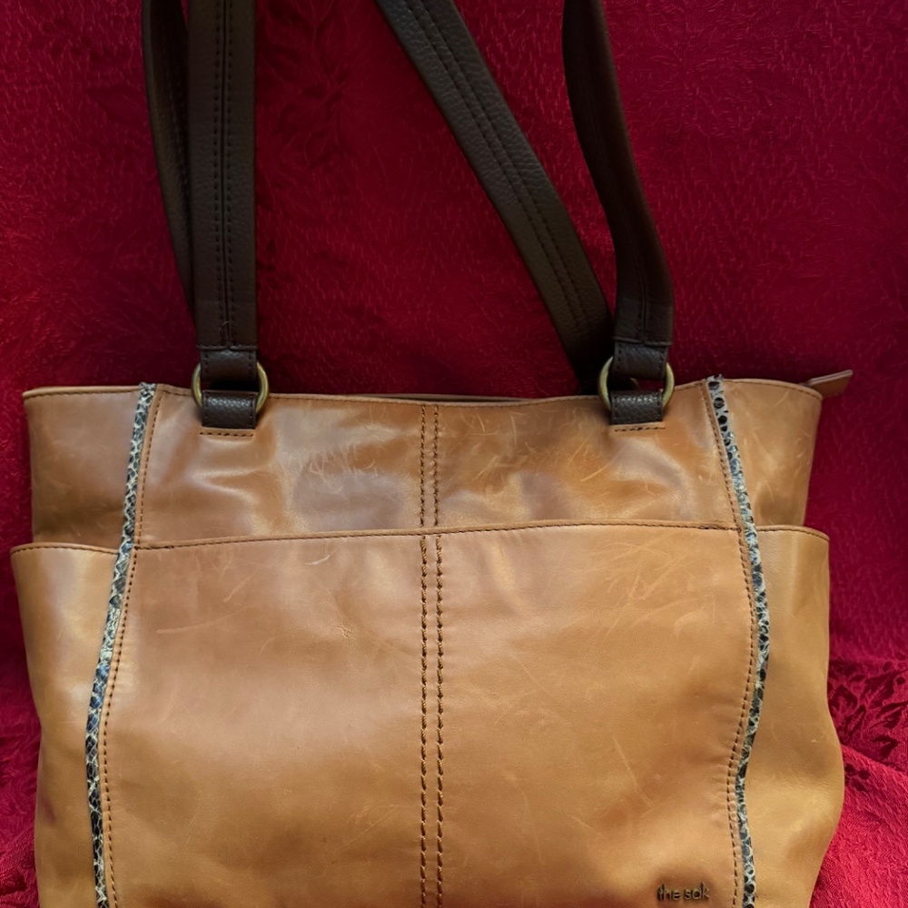 The Sak Ashby Tan w/ Snakeskin trim Leather Satchel
